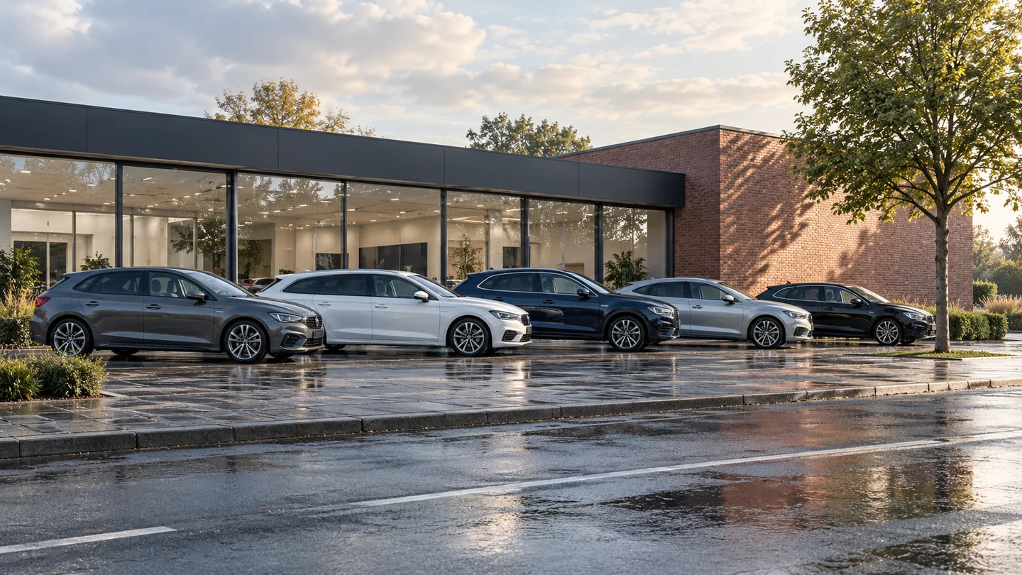 Mehrere Gebrauchtwagen vor einem modernen Autohaus.