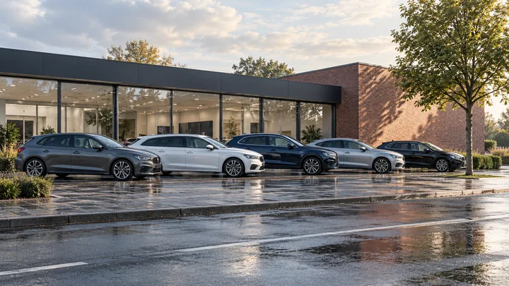 Mehrere Gebrauchtwagen vor einem modernen Autohaus.