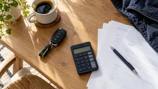 Autoschlüssel, Taschenrechner und Unterlagen auf einem Holztisch.