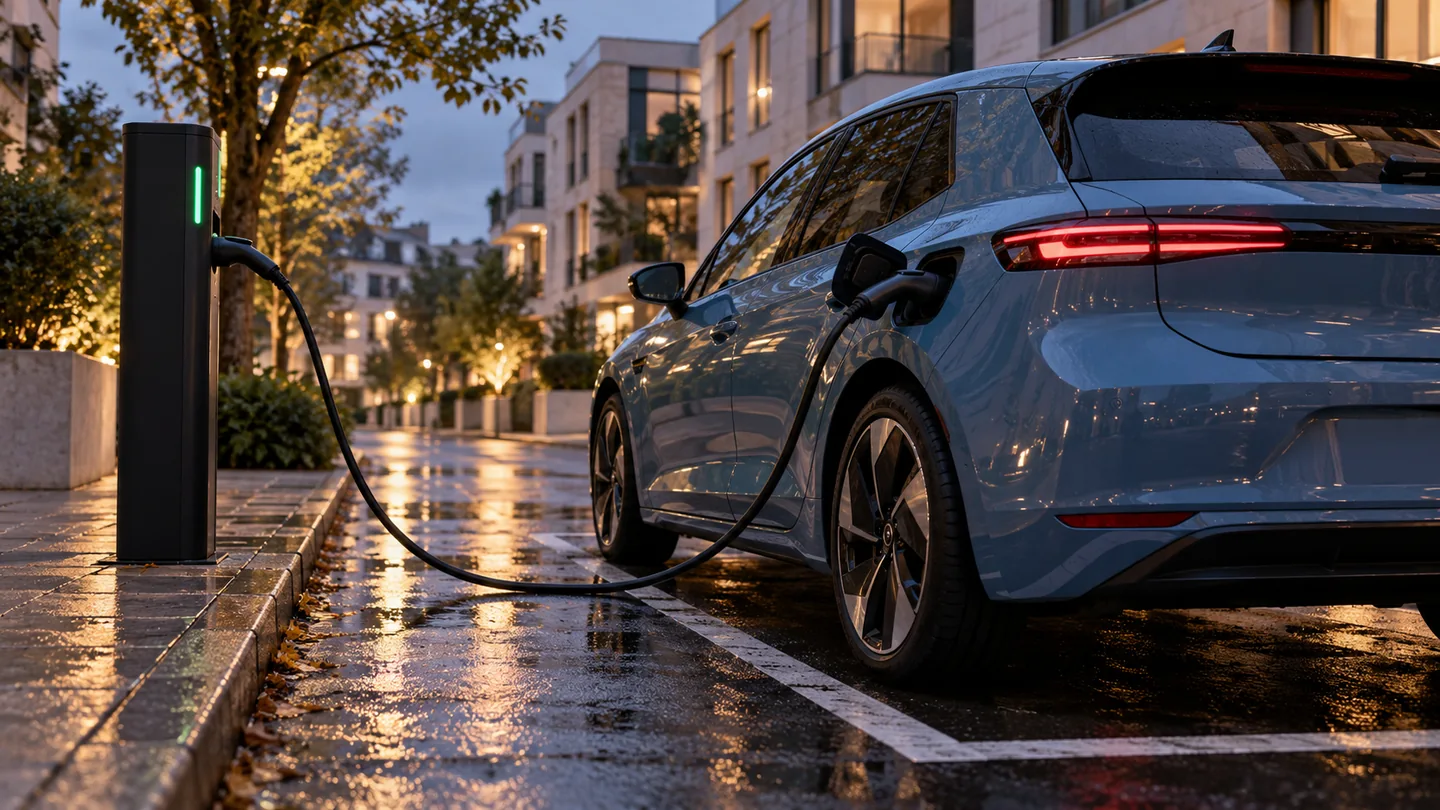 Elektroauto mit angeschlossenem Ladekabel an einer Ladesäule am Straßenrand.