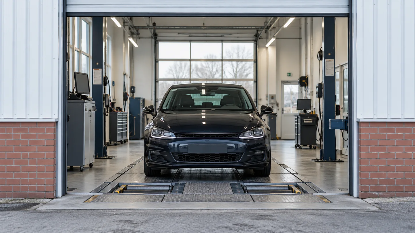 Auto in einer Werkstatthalle mit Prüfrollen im Boden.
