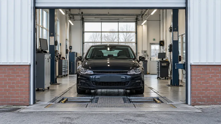 Auto in einer Werkstatthalle mit Prüfrollen im Boden.