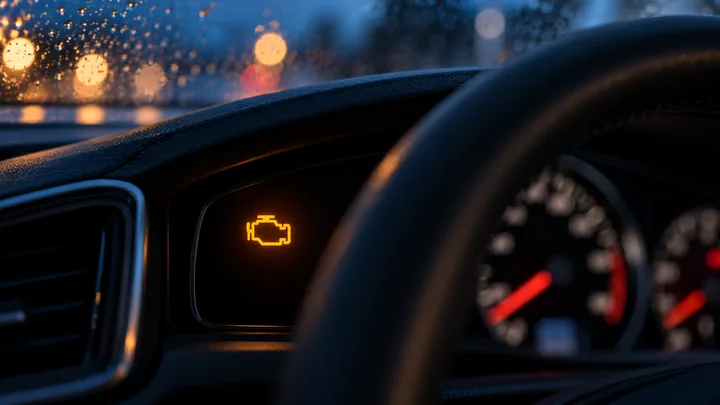 Gelbe Motorkontrollleuchte in einem abgedunkelten Armaturenbrett.