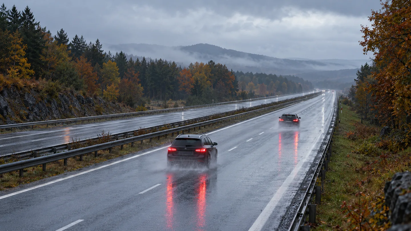 Autos mit Abstand auf einer regennassen Autobahn.