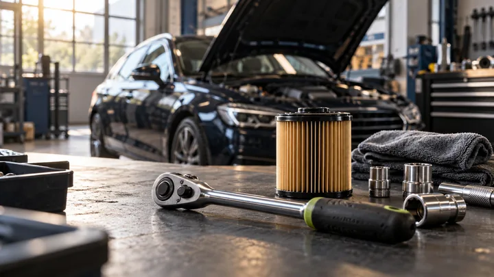 Werkzeug und Ölfilter auf einer Werkbank vor einem Auto mit geöffneter Motorhaube.